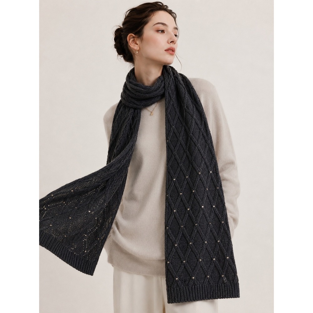 Cable Knit Rhinestone Scarf Charcoal Gray Gold Quiet Luxury Dark Academia